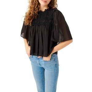 7FAM Floral Appliqué Cotton & Linen Blend Top black size medium flutter